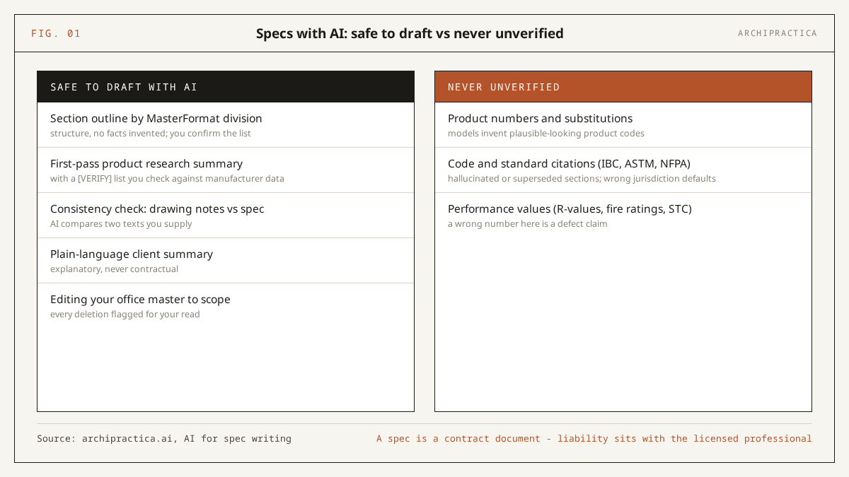 Matrix for AI spec writing: safe-to-draft tasks (MasterFormat outlines, research summaries, consistency checks, client summaries, master edits) versus never-unverified items (product numbers, code and standard citations, performance values)