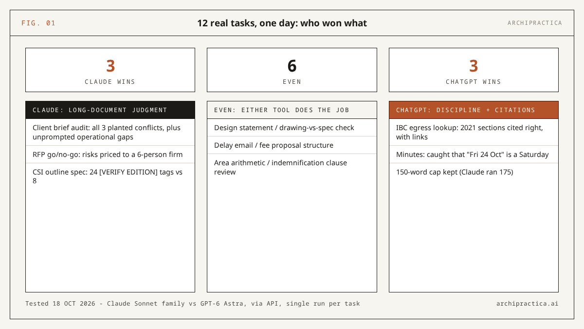 Scoreboard of the 12-task Claude vs ChatGPT test for architects: 3 wins for Claude on long-document judgment, 3 for ChatGPT on instruction discipline and citations, 6 tasks even